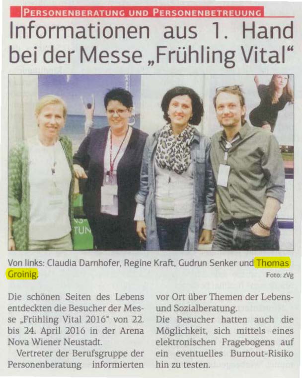 Beratung-Coaching Thomas Groinig - Lebens- und Sozialbertung auf der Messe Frühling Vital